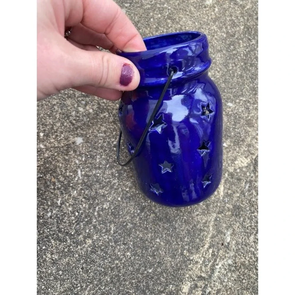 Cobalt‎ Blue Ceramic Mason Jar Lantern Star Cutouts Hanging Candle Holder